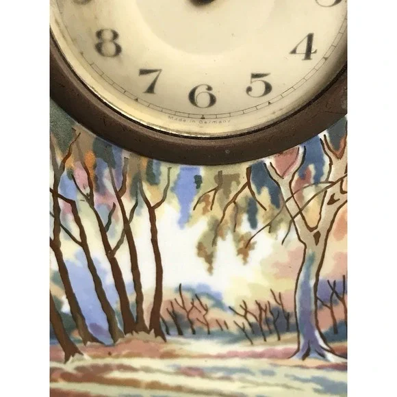 Vintage Landscape Painted Pottery Mantle Clock Germany Decor Art Nouveau